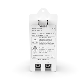 Versa GNPC-1 Google Nest Cam power adapter, back view showing the rating label and the plus and minus screw terminals